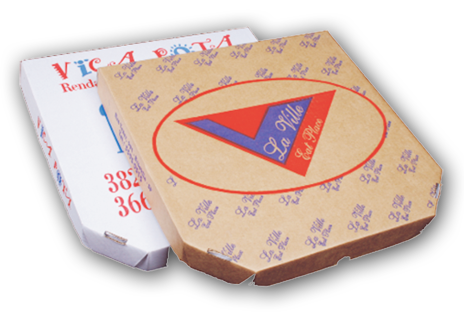Caixa de Pizza quadrada chanfrada nos tamanhos 25 e 35 cm.
