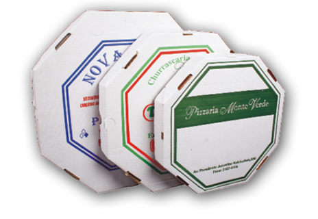 Caixa de Pizza octagonal branco/branco e branco/kraft nos tamanhos 20, 25, 30, 35 e 40 cm.