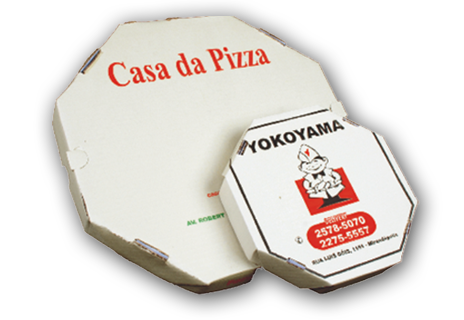 Caixa de Pizza octagonal branco/pinho nos tamanhos 20, 25, 30, 35 e 40 cm.